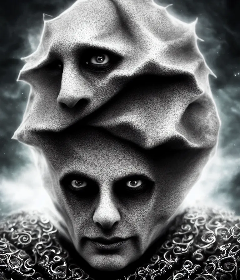 Image similar to impressive ominous front!! shot photo of a court jester character fine portrait fine portrait mesmerizing fractal hyper cubes platinum cracked dark future hyper dimensional space galactic crystal nebula edges elegant detailed intricate concept artstation sharp focus ray tracing cinematic masterpiece temporal corruption beeple wlop germ 8 4 k scifi glossy hyper realistic illustration canon eos r 3 fujifilm x - t 3 0 sony alpha a 6 6 0 0