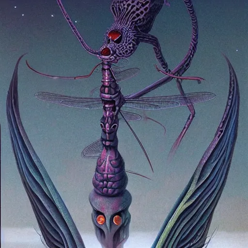 Image similar to cosmic alien dragonflies await you at the end of all of space and time by Gerald Brom and Zdzisław Beksiński
