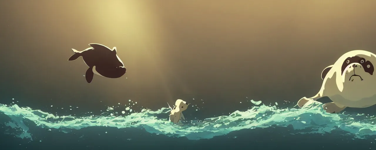 Image similar to piranhas surround a baby harp seal swimming in a tropical river, atey ghailan, goro fujita, studio ghibli, rim light, dark lighting, clear focus, very coherent