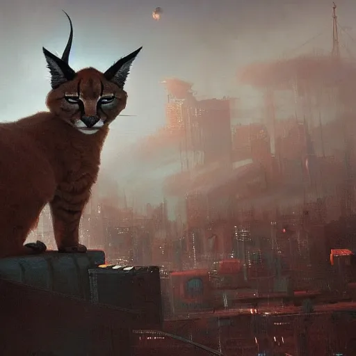 Prompt: giant cute fluffy caracal floating in the sky above the port was the color of television tuned to a dead channel, neuromancer, painted by greg rutkowski, painted by igor kieryluk, high detail, dramatic light, digital art, trending on artstation