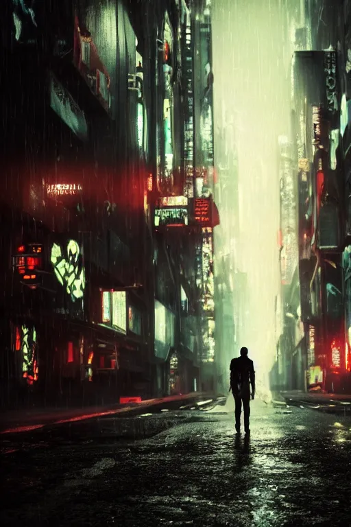 Prompt: dark, cinematic, cyberpunk, guy walking on a desolated urban street, destroyed, 8 k