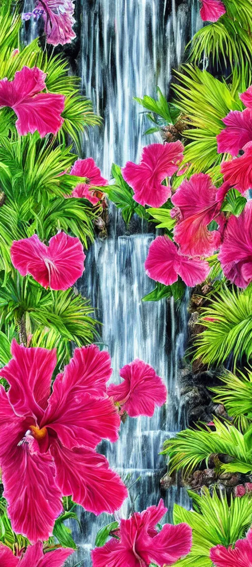 Prompt: cascading concept art of an exotic garden with waterfall and flowers and palm trees, hibiscus, detailed, highly detailed, aesthetic, realistic, hyper realism, colorful, in depth, intricate,