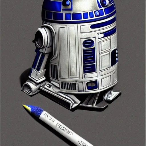 Image similar to hyper realistic pencil drawing of a r2d2 and c3p0, detailed, rim light, diffused, intricate, axe, by anna dittmann