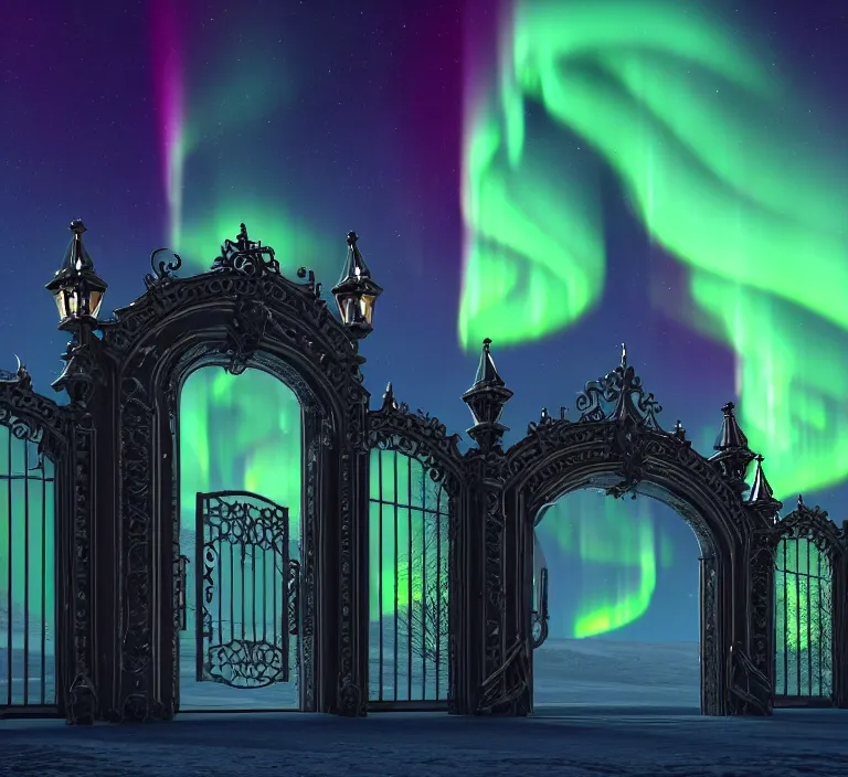 Image similar to a very detailed concept art of intricate gates to aurora borealis, trending on artstation, symmetry, digital art, 4 k, hyper realistic, octane render, sharp focus