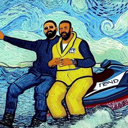 Image similar to Obama and DJ Khaled riding a jet ski, by Van Gogh