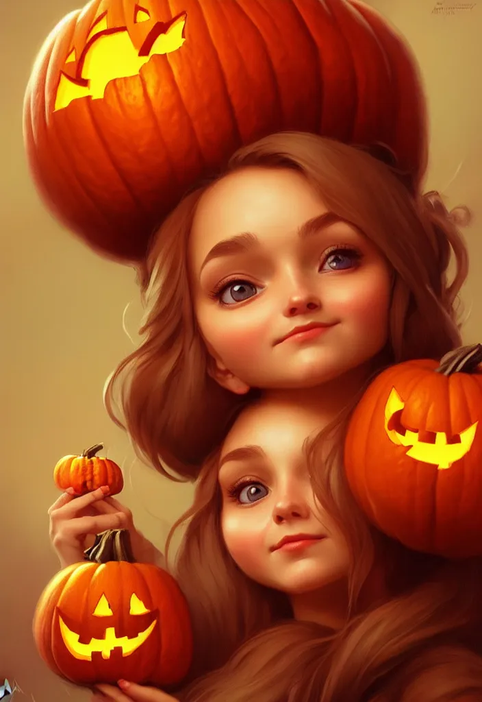 Image similar to hand drawn cute one gnomes face in autumn disguise holding pumpkin, detailed closeup face, concept art, low angle, high detail, warm lighting, volumetric, godrays, vivid, beautiful, trending on artstation, art by artgerm and greg rutkowski and alphonse mucha