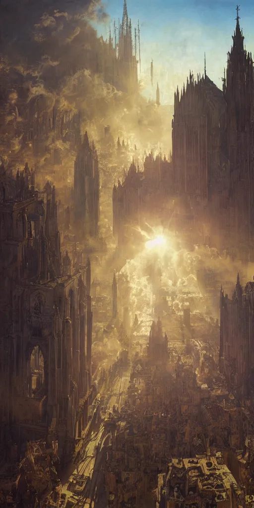 Image similar to sunlit vista, dieselpunk gothic cathedral, painted by ruan jia, petrol oil, lawrence alma tadema, zdzislaw beksinski, norman rockwell, jack kirby, tom lovell, alex malveda, greg staples, hand of fear, bbc, tv