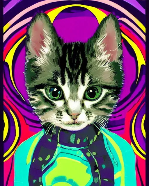Image similar to symmetrical portrait of a cute kitten, acid psychedelic poster, in the color scheme of Landon Peters,