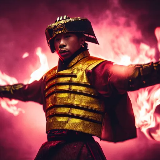 Image similar to cinematic film still of Tyga starring as a Samurai holding fire, Japanese CGI, VFX, 2022, 40mm lens, shallow depth of field,film photography