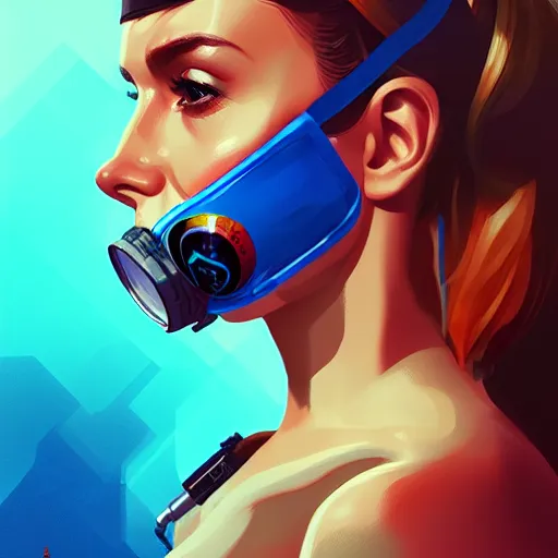 Prompt: a profile photo of an undercover agent with oxygen mask, side profile in underwater, highly detailed, digital painting, artstation, concept art, smooth, sharp focus, illustration by Sandra Chevrier