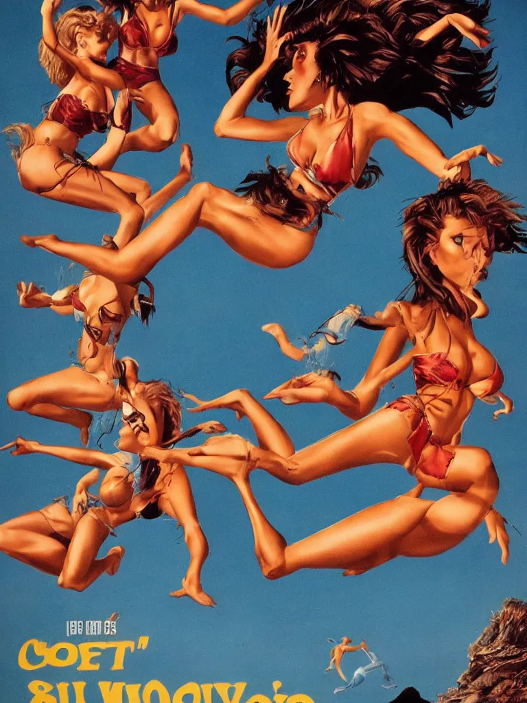 Prompt: 8 0's movie poster of bikini girls flying running from a wolfman, decolletage, confident pose, coherent, insane detail, concept art, character concept, cinematic lighting, global illumination radiating a glowing aura