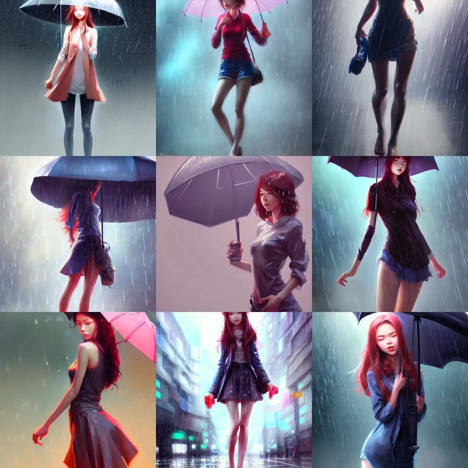 Prompt: pretty girl standing in the rain, modestly clothed, by Stanley Artgerm Lau, WLOP, Rossdraws, James Jean, Andrei Riabovitchev, Marc Simonetti, and Sakimichan, trending on artstation