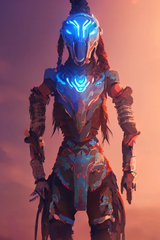 Image similar to combination suit armor aloy horizon forbidden west horizon zero dawn radiating a glowing aura global illumination ray tracing hdr fanart arstation by ian pesty and alena aenami artworks in 4 k tribal robot ninja mask helmet backpack