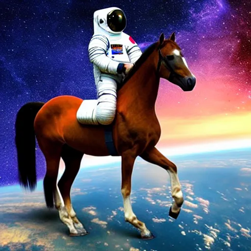 Image similar to horse is sitting on the back of human, human is wearing astronaut costume, located on unknown planet, hdr, anamorphic lens, hyper realistic, stunning scene