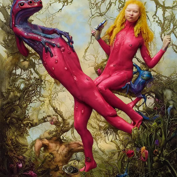 Image similar to a portrait photograph of mia wasikowska as a brightly colored satyr amphibian hybrid with wet mutated skin. wearing a catsuit many body modifications. by tom bagshaw, donato giancola, hans holbein, walton ford, gaston bussiere, brian froud, peter mohrbacher and magali villeneuve. 8 k, cgsociety