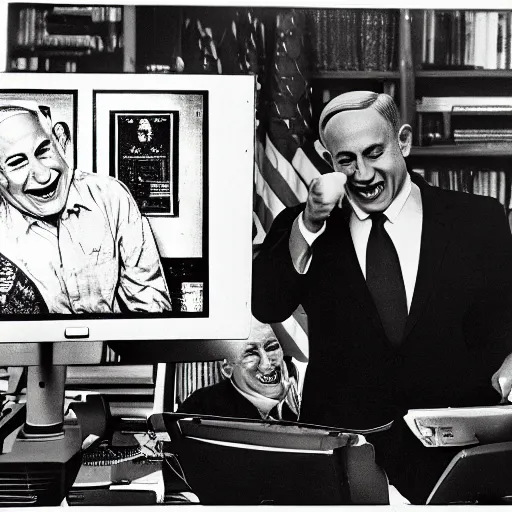 Image similar to benjamin netanyahu laughing and pointing at computer monitor, in office, by norman rockwell