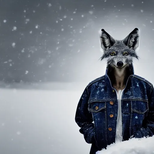 Prompt: an award winning National Geographic picture of a black Jackal wearing a denim Jacket in the snow by Lee Jeffries, 85mm ND 5, perfect lighting in a snow storm