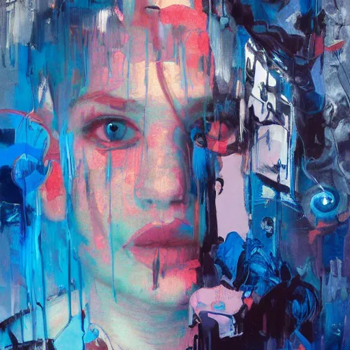 Image similar to portrait of beautiful girl sensual dancing, ecstatic, wonderful techno party, shades of blue, utopia, by by greg rutkowski, by jeremy mann, by francoise nielly, by vincent van gogh