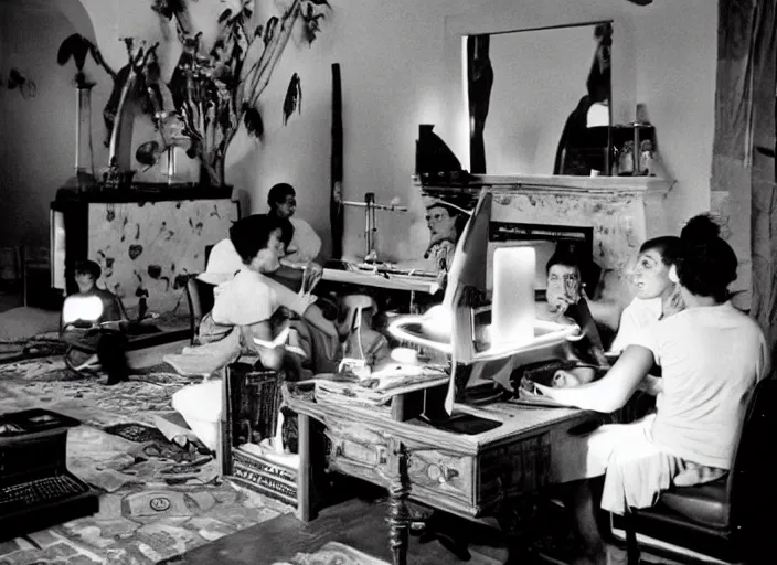 Prompt: Ancient Aztecs using computer at a lan house, Ancient, award winning photo by Slim Aarons ,