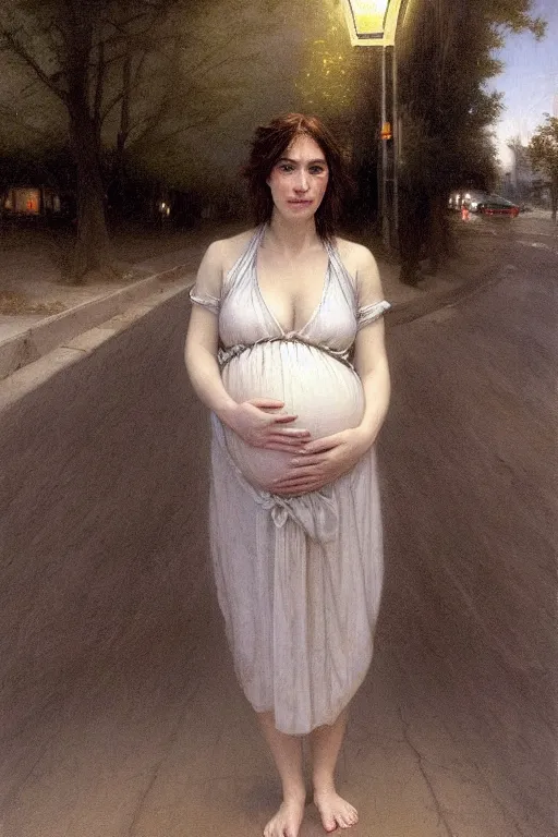 Prompt: pregnant woman under street light, casual wear, by Alyssa Monks, Bouguereau