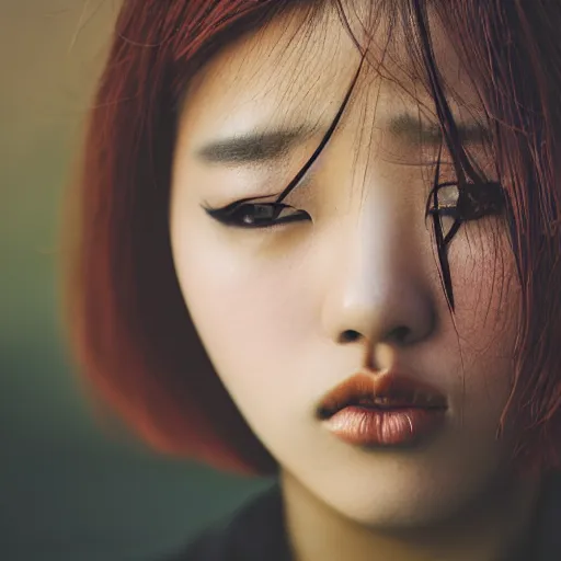 Image similar to beautiful gorgeous curvy Japanese edgy model girl with short hair, she's sad, sunset, 80mm lens, 1.2 aperture, grainy image, close up