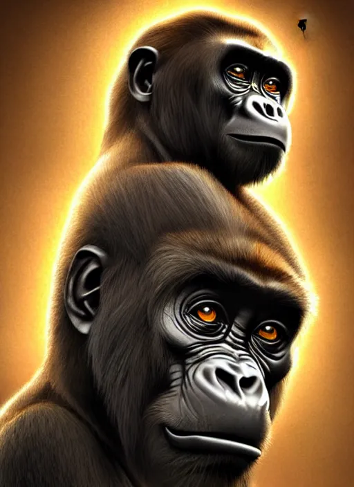 Image similar to dreamlike stunning gorillas god portrait, gold kimono, art by artgerm, wlop, loish, ilya kuvshinov, 8 k realistic, hyperdetailed, beautiful lighting, detailed background, depth of field, symmetrical face, frostbite 3 engine, cryengine,