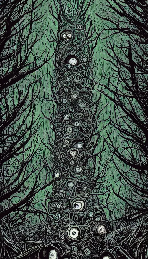 Image similar to a storm vortex made of many demonic eyes and teeth over a forest, by dan mumford,