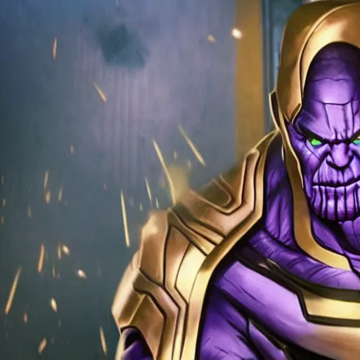 Image similar to Thanos in the backrooms, cinematic, horror