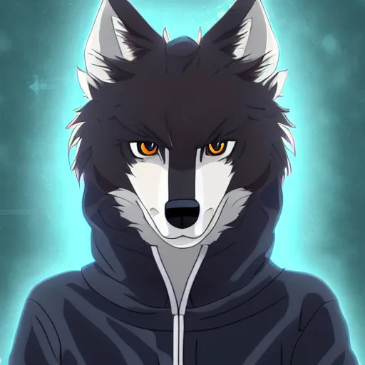 Image similar to key anime visual portrait of a handsome male anthro wolf furry fursona with beautiful eyes, wearing a hoodie, official modern animation