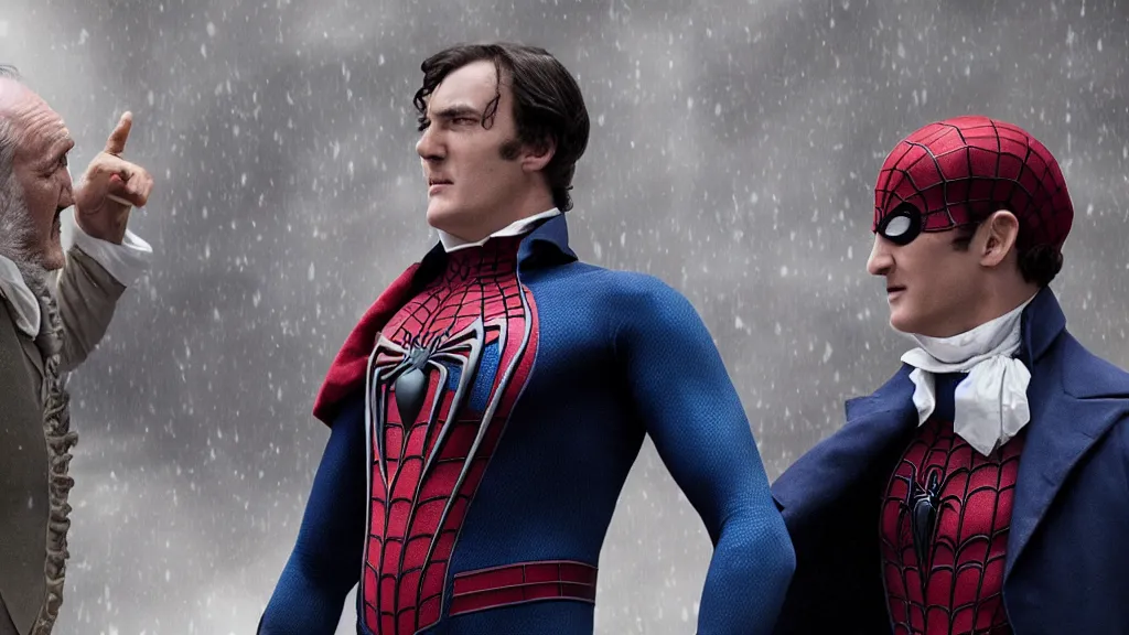 Image similar to movie still of victorian era spiderman wearing a cape arguing with gene hackman from the new pride & prejudice movie, realistic, 8 k