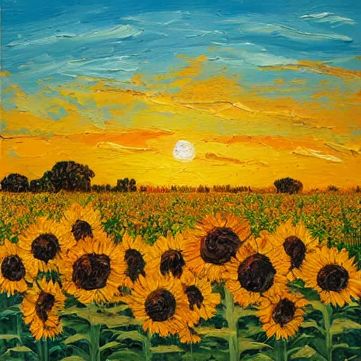 Image similar to Impasto painting of a hidden elephant in a field of sunflowers over a sunset