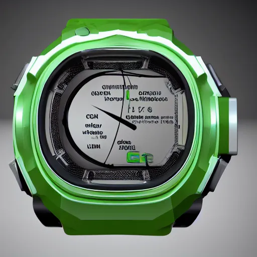 Image similar to an ultra high definition cycles render of a floating chunky green transparent plastic mobile phone at an angle with an e-ink screen inspired by a g-shock watch. Emissive screen and indicator lights, bloom