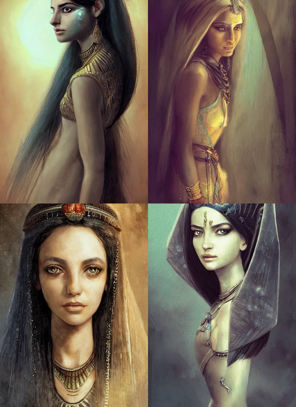 Prompt: portrait of an egyptian princess with long hairs in alan lee and marc simonetti and emil melmoth style , cinematic lighting