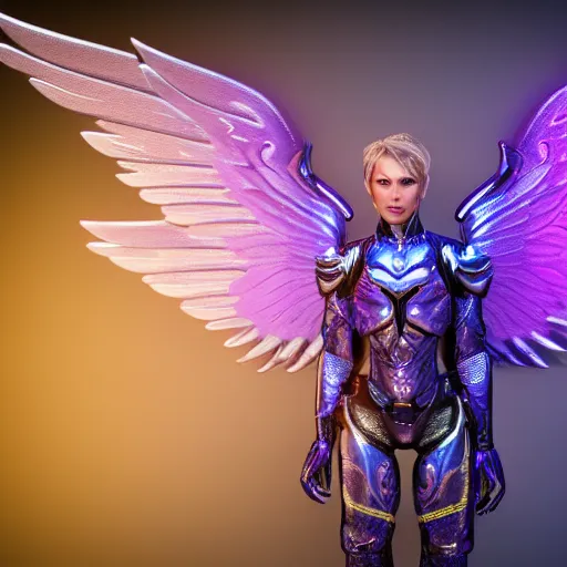 Prompt: a photo of 8k ultra realistic archangel with 6 wings, full body, intricate purple and blue neon armor, ornate, cinematic lighting, trending on artstation, 4k, hyperrealistic, focused, high details, unreal engine 5, cinematic