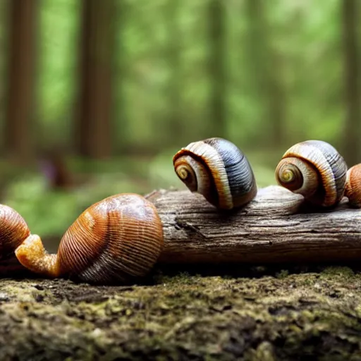 Prompt: a group of snails protesting in the forest. photograph, hyper-realistic