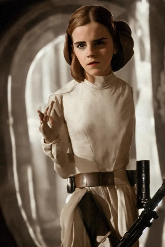 Prompt: Emma Watson as Princess Leia, posing for a Portrait. Still from Star Wars: A New Hope. 4K HD Wallpaper. Premium Prints Available.