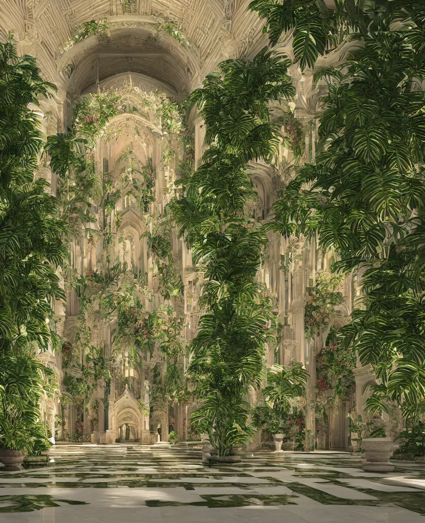 Image similar to grand cathedral interior with koi pond in the middle surrounded by palm trees, ivy, flowers, tropical plants, roses, and with archways, rendered in octane render with photorealistic cinematic volumetric lighting, cinematic, centered, horizontal symmetry