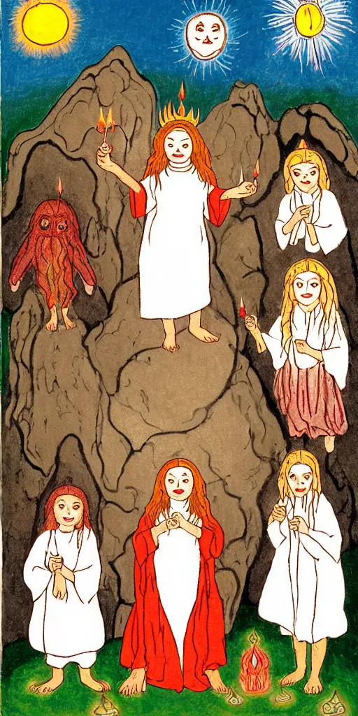 Image similar to small impish joyful creature in white robe with glowing eyes and sun ray flame hair holding lit matches and singing, three sisters visiting, The Queen in the Cave Children's book illustration, traditional folk art style, gouache on paper, outsider art, David Palladini, Mu Pan, Carson Ellis, Julia Sarda, tarot card, Henry Darger, Louis Wain, creepy, 8k, high resolution