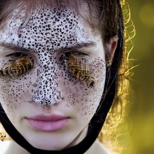 Image similar to photo portrait of a woman's face covered in killer - bees