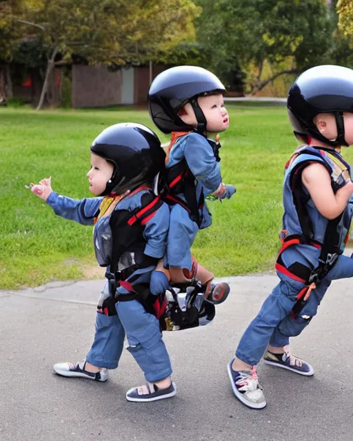 Image similar to cute toddlers wearing flight suits and motorcycle helmets, fly to school using their jet packs, hyperreal