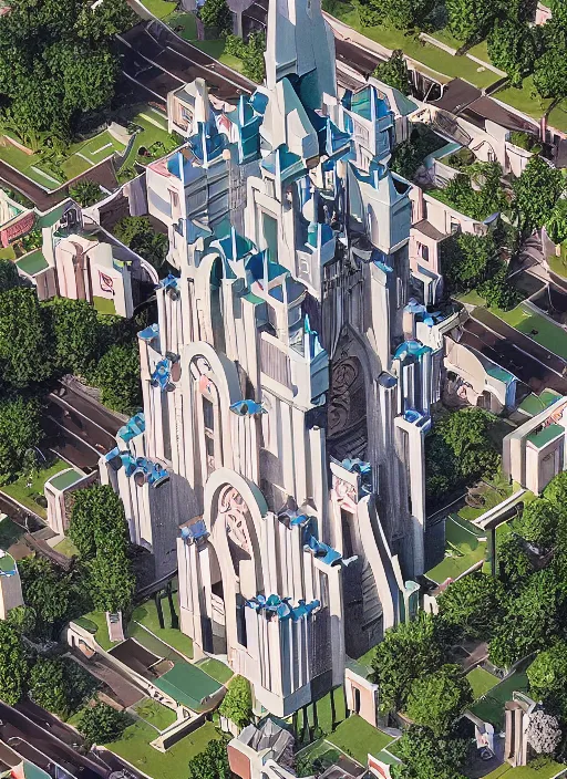 Prompt: isometric artdeco cathedral by frank lloyd wright, shot from drone isometric, painted by piet mondrian