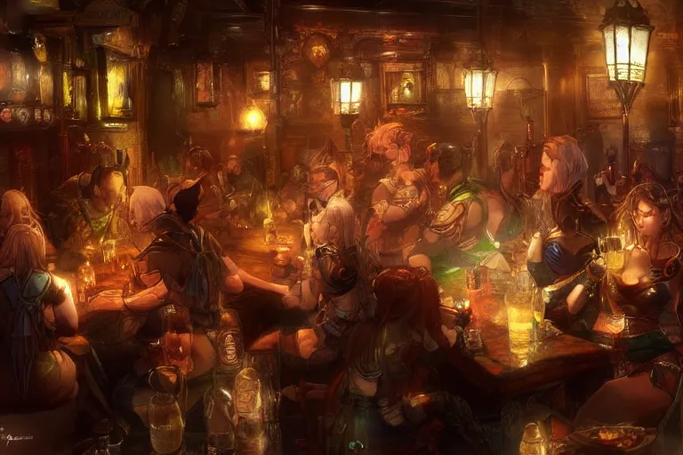 Prompt: warriors drinking in an irish pub, digital art, beautiful lighting, by Yoshitaka Amano, happy atmosphere, trending on artstation