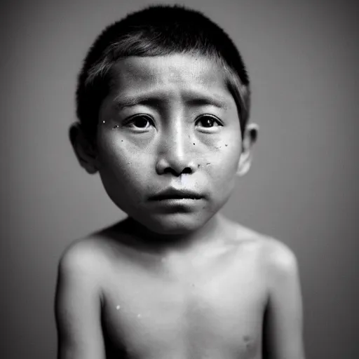 Image similar to photos of indigenous boy staring into the camera, distended abdomen, standing on a salt flat, highly detailed, muted gray brown colors, by national geographic