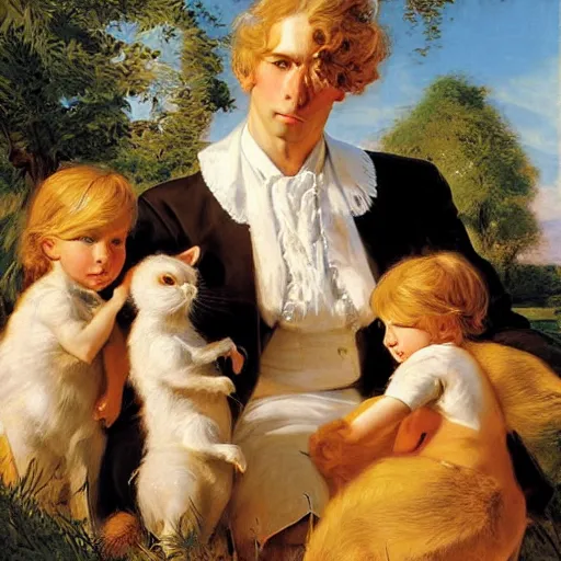 Prompt: a beautiful portrait of a family of bunnies with long golden blond hair gazing warmly at the viewer, golden hour, by J.C Leyendecker and Peter Paul Rubens