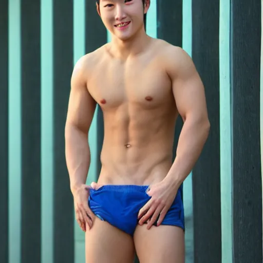 Image similar to korean muscle boy 2 1 years old, posing, happy trail