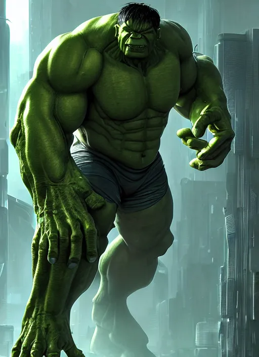 Image similar to cyberpunk scifi scene of a cybernetic modified hulk, cybernetic warrior in - plants, artstation, matt painting, very detailed, maximalism, ambient occlusion, volumetric light, atmospheric haze, unreal engine, hyper realism, realistic shading, cinematic composition, realistic render, octane render, detailed textures, photorealistic, wide shot