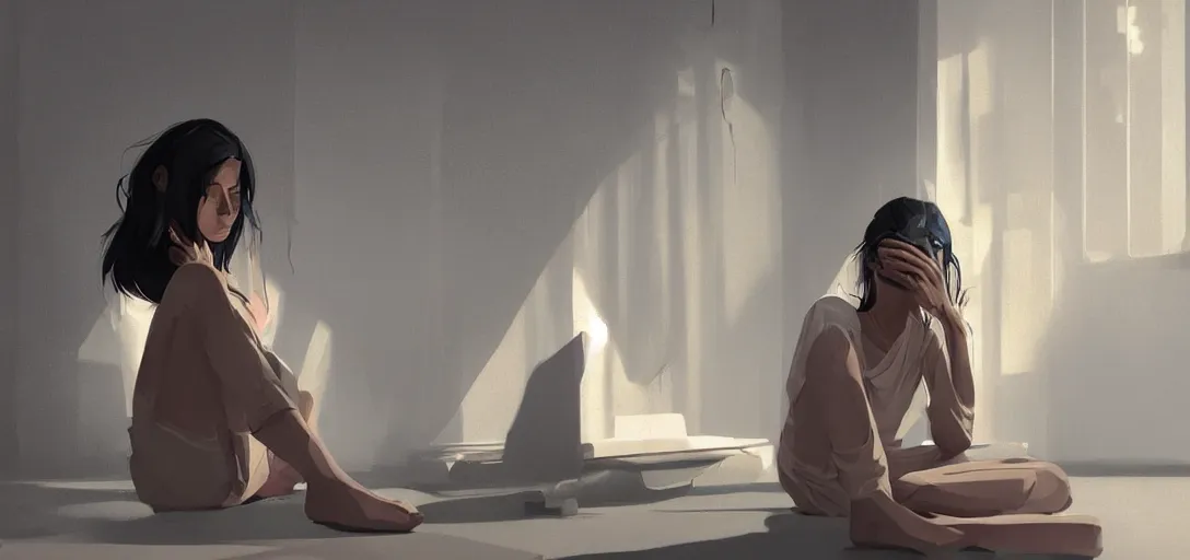 Image similar to Young Himalayan woman sitting concerned in an empty room with a sense of dread and loneliness | night time scene, plain walls |somber white eyes, long ashy hair | gentle lighting, futuristic, dim lighting, digital art by Makoto Shinkai ilya kuvshinov and Wojtek Fus, digital art, concept art,