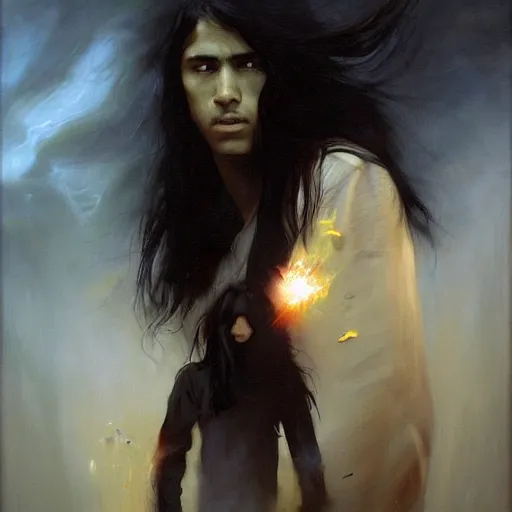 Image similar to a latino 1 5 year old boy with long black hair opens a dark portal to the void. dramatic. cinematic. detailed. sharp. photo realistic. realism. repin. phil hale. krenz cushart