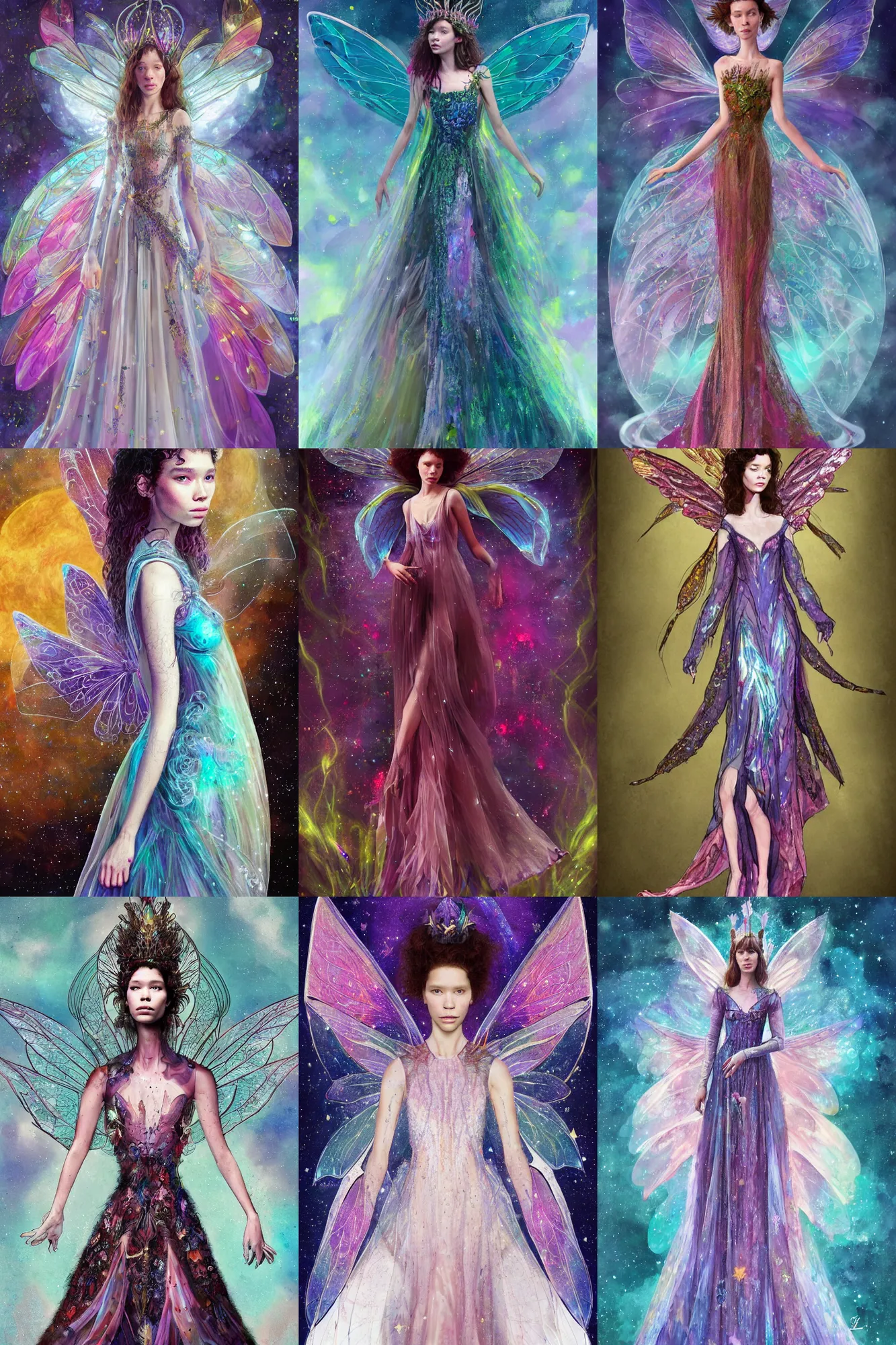 Prompt: masterwork full body portrait of astrid berges frisbey as a fairy queen. digital illustration. wearing a dress made out of space. trending on art station, fluid, dreamy, ethereal, vivid colours. sharp focus. wow! in the style of annie stegg,