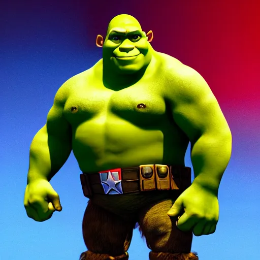 Image similar to digital painting of Shrek as Captain America, octane render, volumetric lightening, by marvel